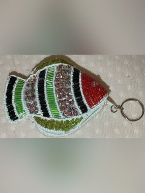 Beaded Multicolor Fish Brooch - Green & Red